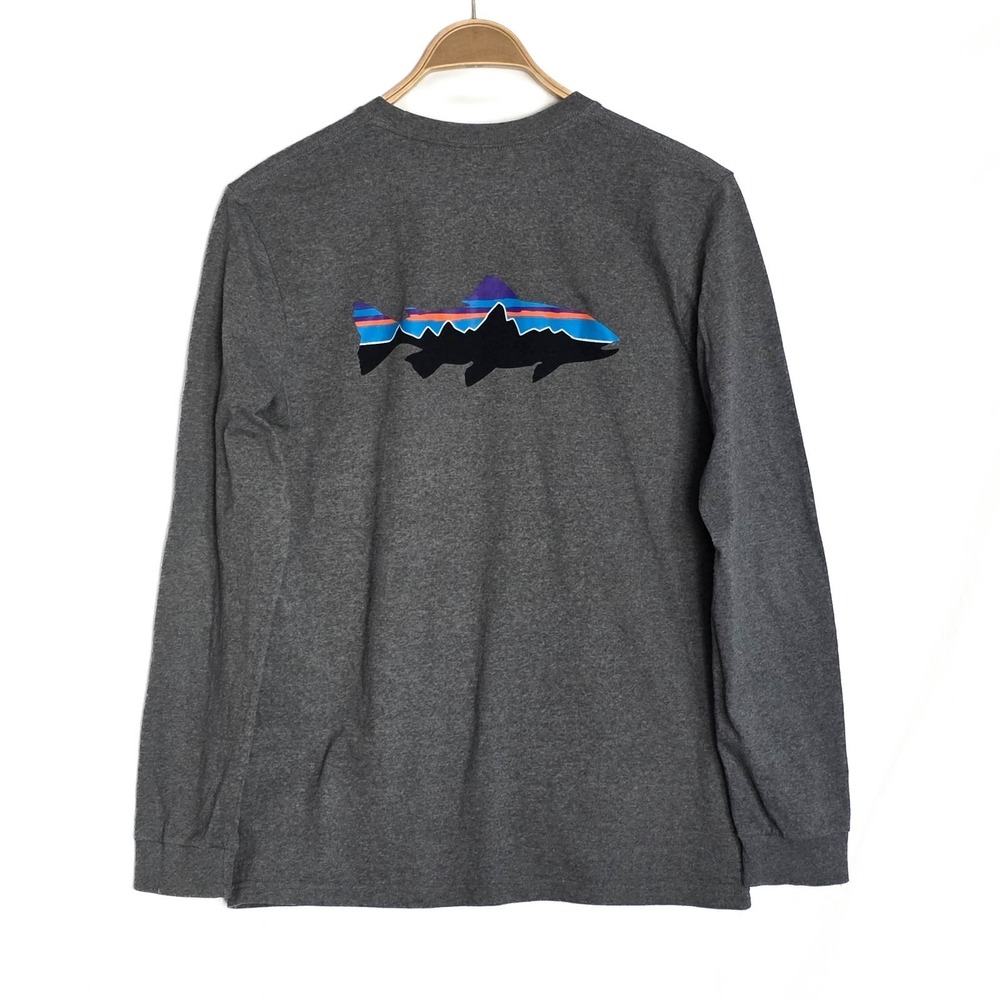 Patagonia Fitz Roy Trout Responsibili-Tee Men M Gray Long Sleeve Outdoor Fishing